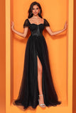 Black A Line Tulle Long Corset Prom Dress with Slit