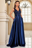 Sparkly Navy A Line Satin V-Neck Long Prom Dress with Beading