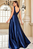 Sparkly Navy A Line Satin V-Neck Long Prom Dress with Beading