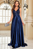 Sparkly Navy A Line Satin V-Neck Long Prom Dress with Beading