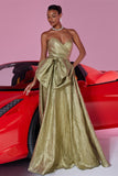 Gold Metallic Sweetheart A Line Long Prom Dress with Bow