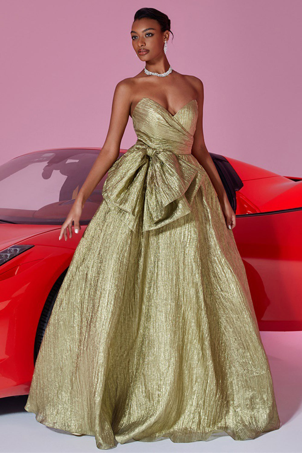 Zapakasa Women Gold Metallic Long Prom Dress with Bow Sweetheart Ruched