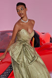Gold Metallic Sweetheart A Line Long Prom Dress with Bow