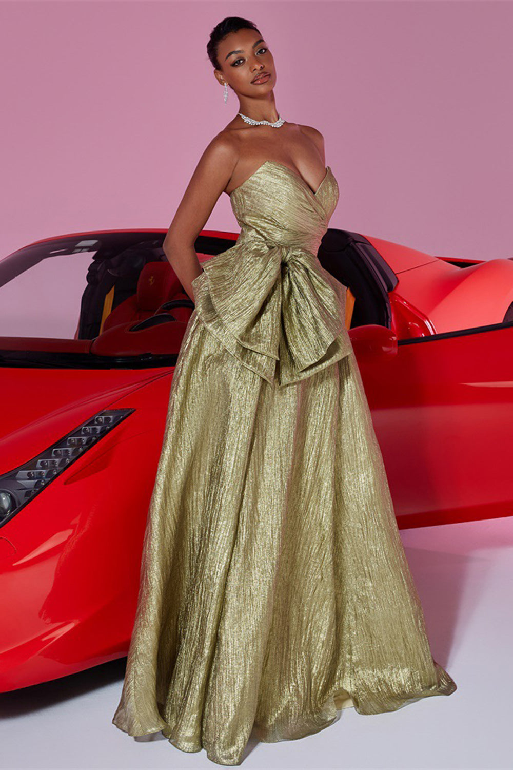 Gold Metallic Sweetheart A Line Long Prom Dress with Bow