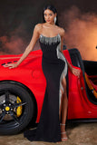 Black Mermaid Fringed Strapless Long Prom Dress with Slit