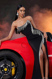 Black Mermaid Fringed Strapless Long Prom Dress with Slit