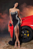 Black Mermaid Fringed Strapless Long Prom Dress with Slit