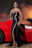 Black Mermaid Fringed Strapless Long Prom Dress with Slit