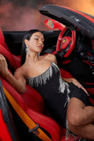 Black Mermaid Fringed Strapless Long Prom Dress with Slit