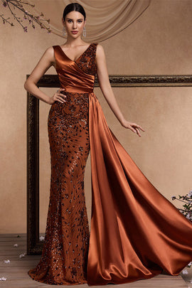 Sparkly Floral Brown Mermaid V-Neck Long Mother of the Bride Dress with Side Cape