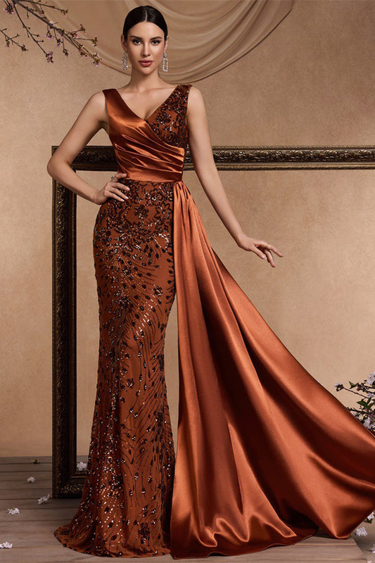 Sparkly Floral Brown Mermaid V-Neck Long Mother of the Bride Dress with Side Cape