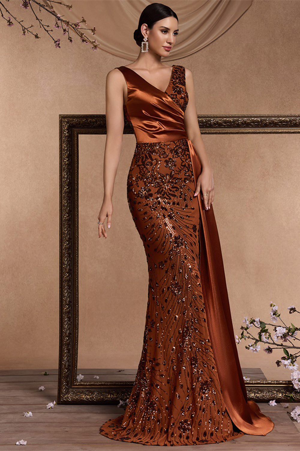 Zapakasa Women Sparkly Floral Brown Mermaid Long Mother of the Bride Dress with Side Cape V-Neck Ruched Satin Wedding Guest Dress with Sequins