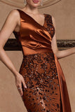 Sparkly Floral Brown Mermaid V-Neck Long Mother of the Bride Dress with Side Cape