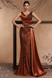 Sparkly Floral Brown Mermaid V-Neck Long Mother of the Bride Dress with Side Cape