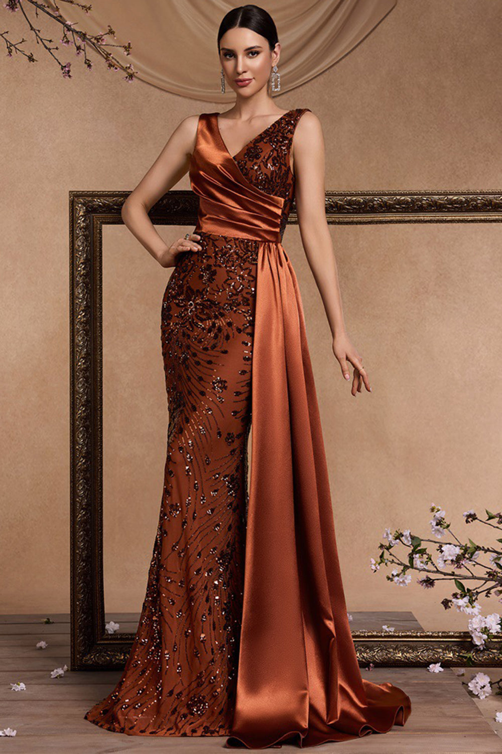 Sparkly Floral Brown Mermaid V-Neck Long Mother of the Bride Dress with Side Cape