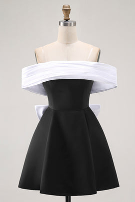 Zapakasa Women Black Satin Short Homecoming Dress with Bow Off the Shoulder A Line Cocktail Dress Zapakasa Women Black Satin Short Homecoming Dress with Bow Off the Shoulder A Line Cocktail Dress