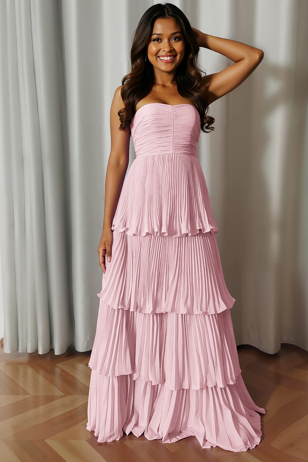 Zapakasa Women Dusty Blue Tiered Long Bridesmaid Dress Sweetheart A Line Lace Up Back Pleated Wedding Guest Dress