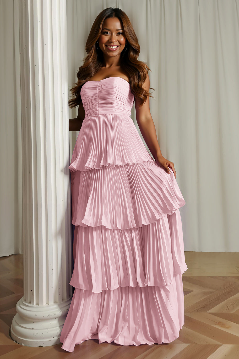 Dusty Blue Sweetheart A Line Tiered Long Bridesmaid Dress