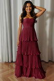 Dusty Blue Sweetheart A Line Tiered Long Bridesmaid Dress