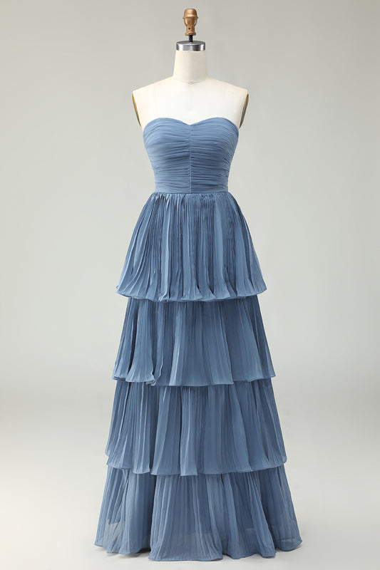 Dusty Blue Sweetheart A Line Tiered Long Bridesmaid Dress