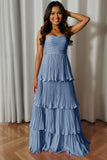 Dusty Blue Sweetheart A Line Tiered Long Bridesmaid Dress