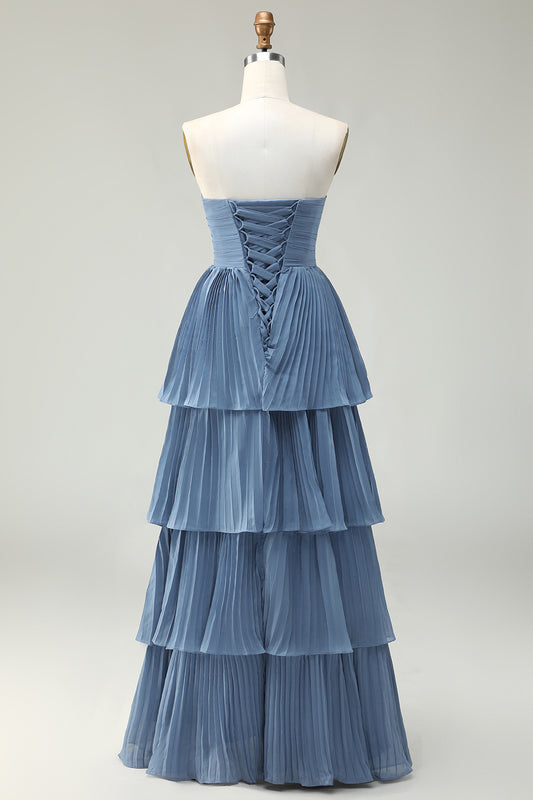 Dusty Blue Sweetheart A Line Tiered Long Bridesmaid Dress