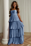 Dusty Blue Sweetheart A Line Tiered Long Bridesmaid Dress