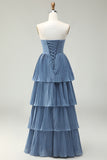 Dusty Blue Sweetheart A Line Tiered Long Bridesmaid Dress