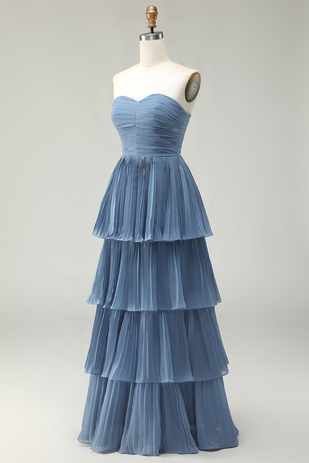Dusty Blue Sweetheart A Line Tiered Long Bridesmaid Dress