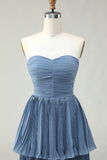 Dusty Blue Sweetheart A Line Tiered Long Bridesmaid Dress