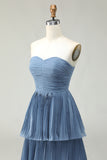 Dusty Blue Sweetheart A Line Tiered Long Bridesmaid Dress