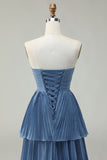Dusty Blue Sweetheart A Line Tiered Long Bridesmaid Dress