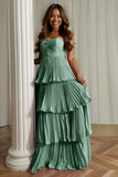 Dusty Blue Sweetheart A Line Tiered Long Bridesmaid Dress
