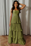 Dusty Blue Sweetheart A Line Tiered Long Bridesmaid Dress