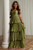 Dusty Blue Sweetheart A Line Tiered Long Bridesmaid Dress