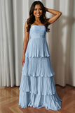 Dusty Blue Sweetheart A Line Tiered Long Bridesmaid Dress