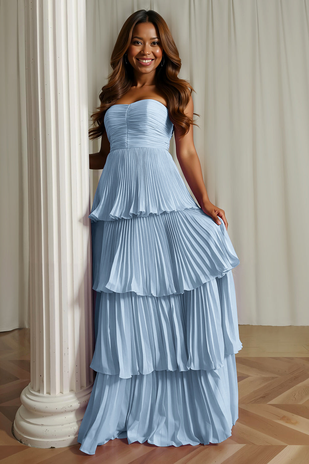 Dusty Blue Sweetheart A Line Tiered Long Bridesmaid Dress