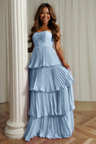 Dusty Blue Sweetheart A Line Tiered Long Bridesmaid Dress