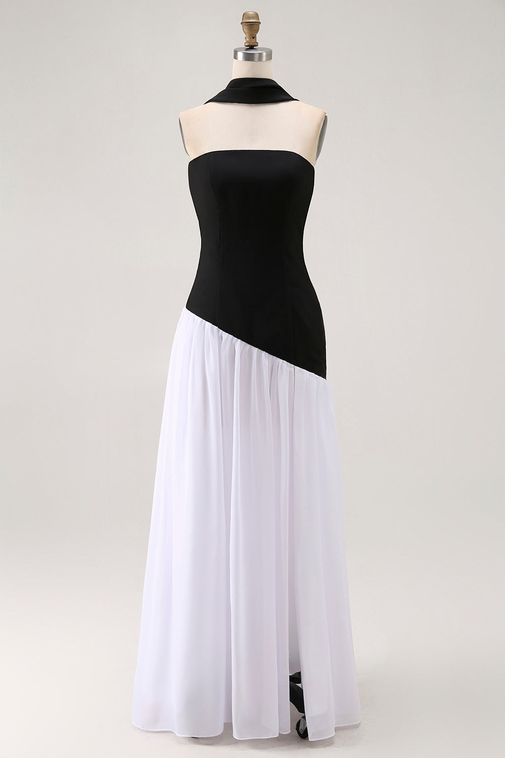 Black and White Neck Scarf Long Wedding Guest Dress