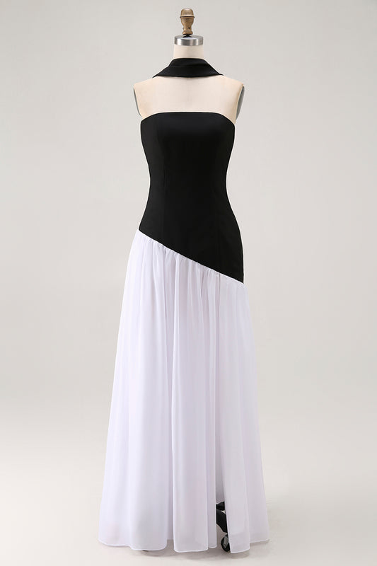 Black and White Neck Scarf Long Wedding Guest Dress