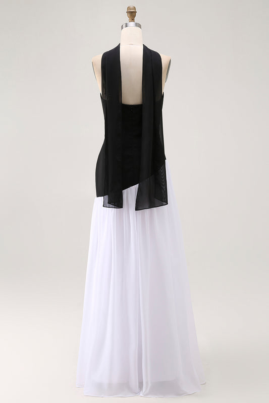 Black and White Neck Scarf Long Wedding Guest Dress