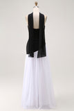 Black and White Neck Scarf Long Wedding Guest Dress