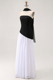 Black and White Neck Scarf Long Wedding Guest Dress