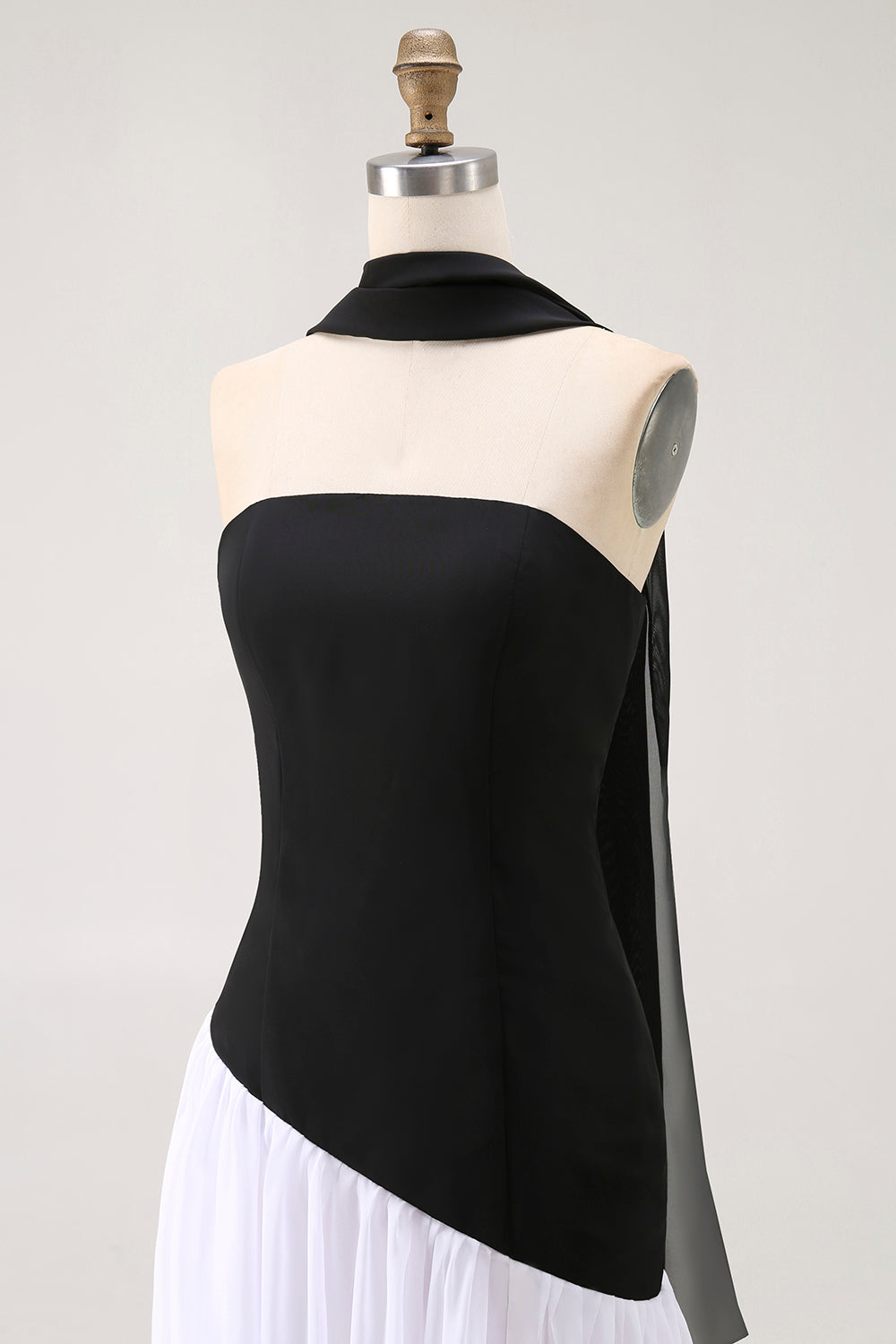 Black and White Neck Scarf Long Wedding Guest Dress