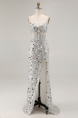 Sparkly Silver Sequin Mermaid Long Corset Prom Dress with Slit