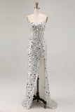 Sparkly Golden Beaded Sequins Long Corset Prom Dress with Slit
