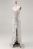 Sparkly Silver Sequin Mermaid Long Corset Prom Dress with Slit