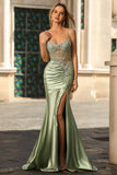Sparkly Green Mermaid Ruched Long Corset Prom Dress with Slit