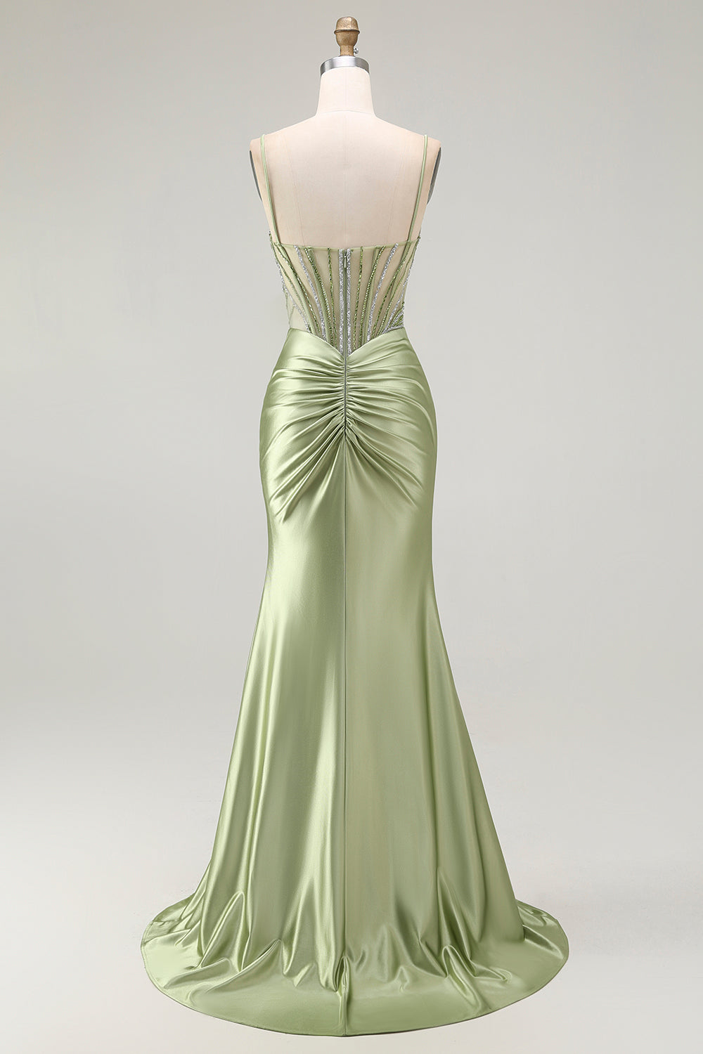 Sparkly Green Mermaid Corset Long Ruched Prom Dress with Slit