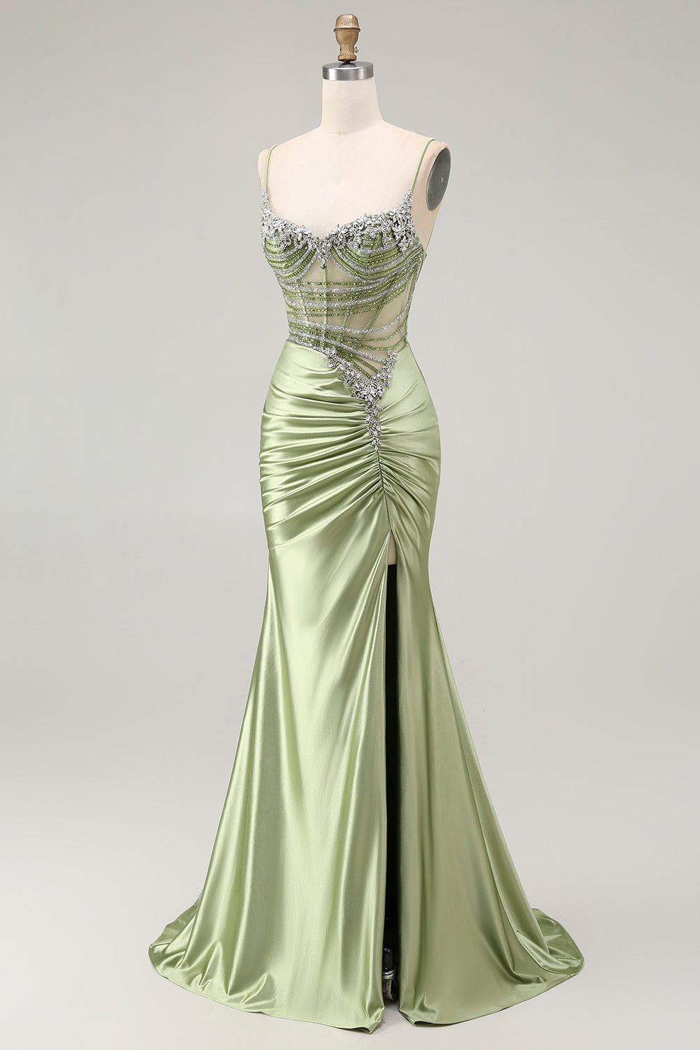 Sparkly Green Mermaid Corset Long Ruched Prom Dress with Slit